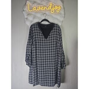 Concepts Shift Dress Womens 4X Plus Black White Geometric Print 3/4 Sleeve Boho